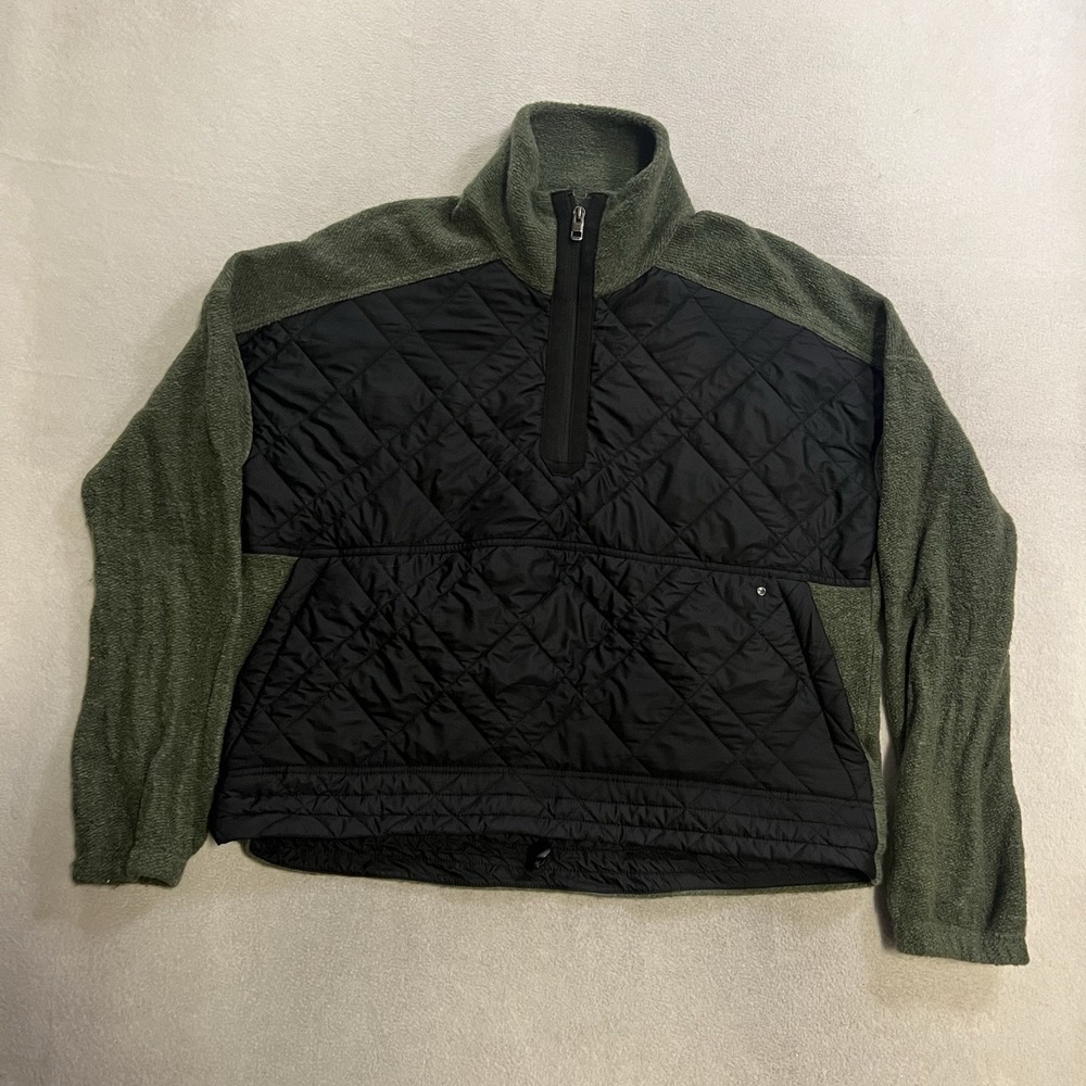 PrAna Glen Ivy Quilted Pullover 1/4 Zip Jacket Wool Blend Olive Black Size M